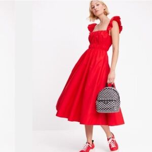 Kate Spade Red Ruffle-Shoulder Smocked Midi Dress with Playful Full Skirt